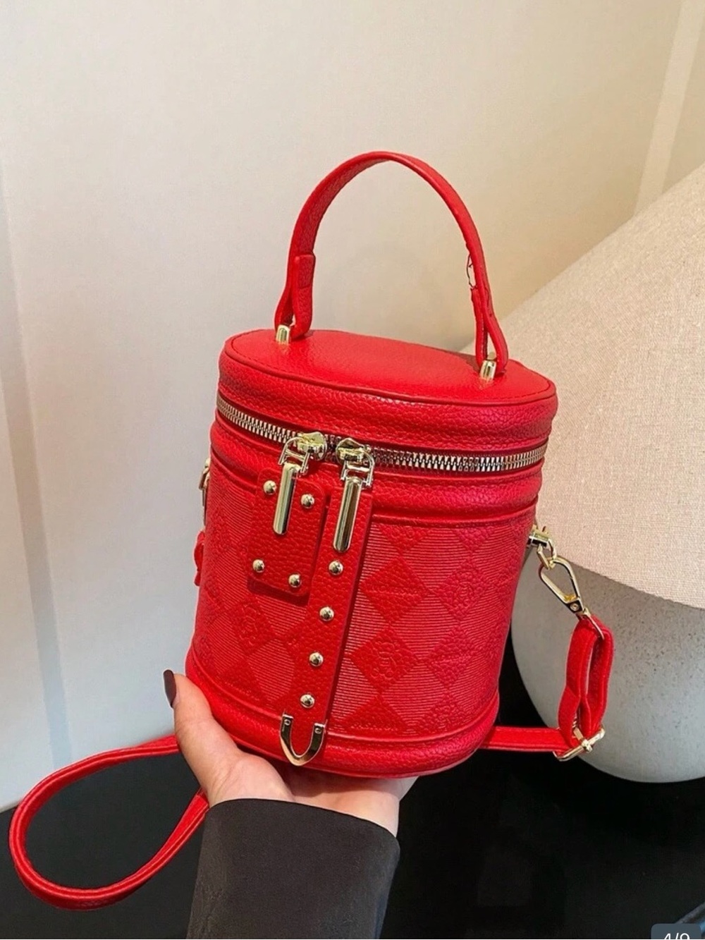 Red Quilted Cylinder Crossbody Bag with Top Handle